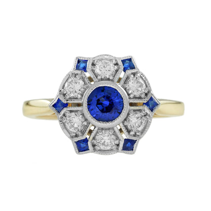 Blue Sapphire &amp; Diamond Antique Style Floral Cluster 14K Yellow Gold Ring