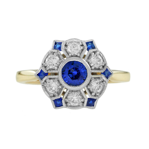 Blue Sapphire & Diamond Antique Style Floral Cluster 14K Yellow Gold Ring
