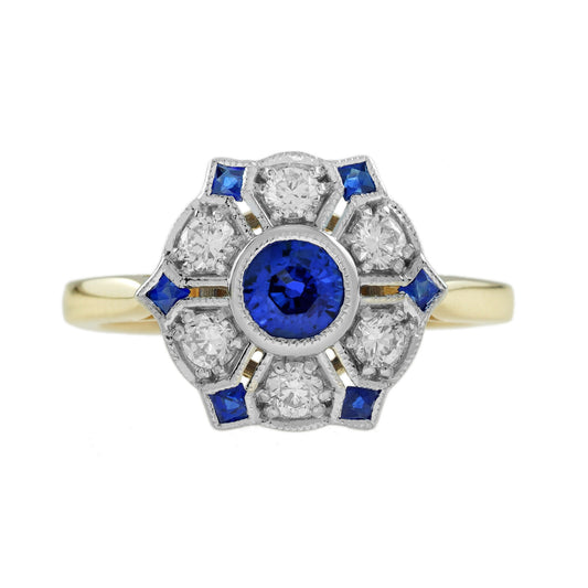 Blue Sapphire & Diamond Antique Style Floral Cluster 14K Yellow Gold Ring