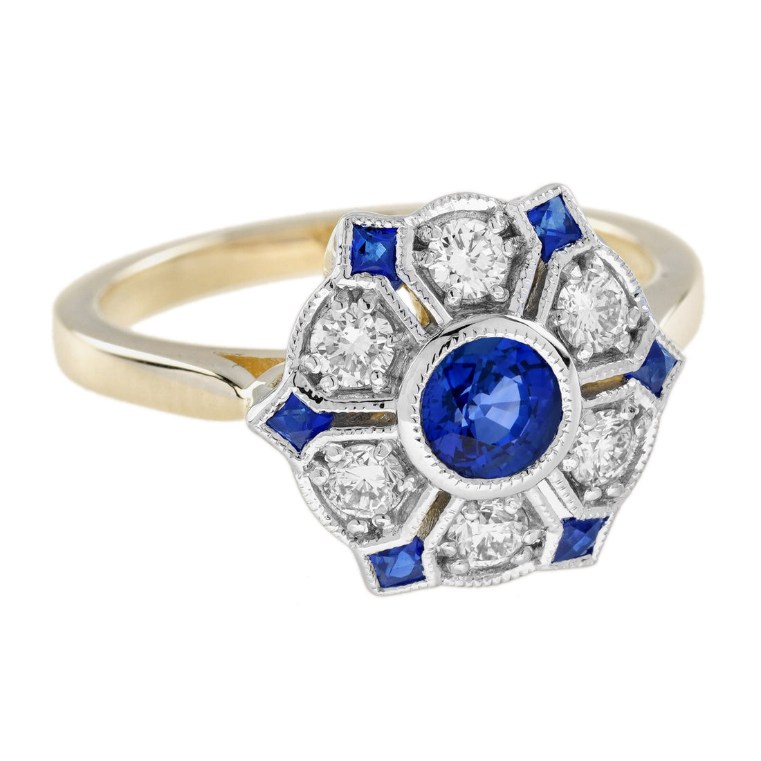 Blue Sapphire &amp; Diamond Antique Style Floral Cluster 14K Yellow Gold Ring