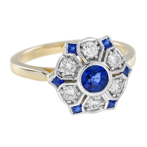 Blue Sapphire & Diamond Antique Style Floral Cluster 14K Yellow Gold Ring