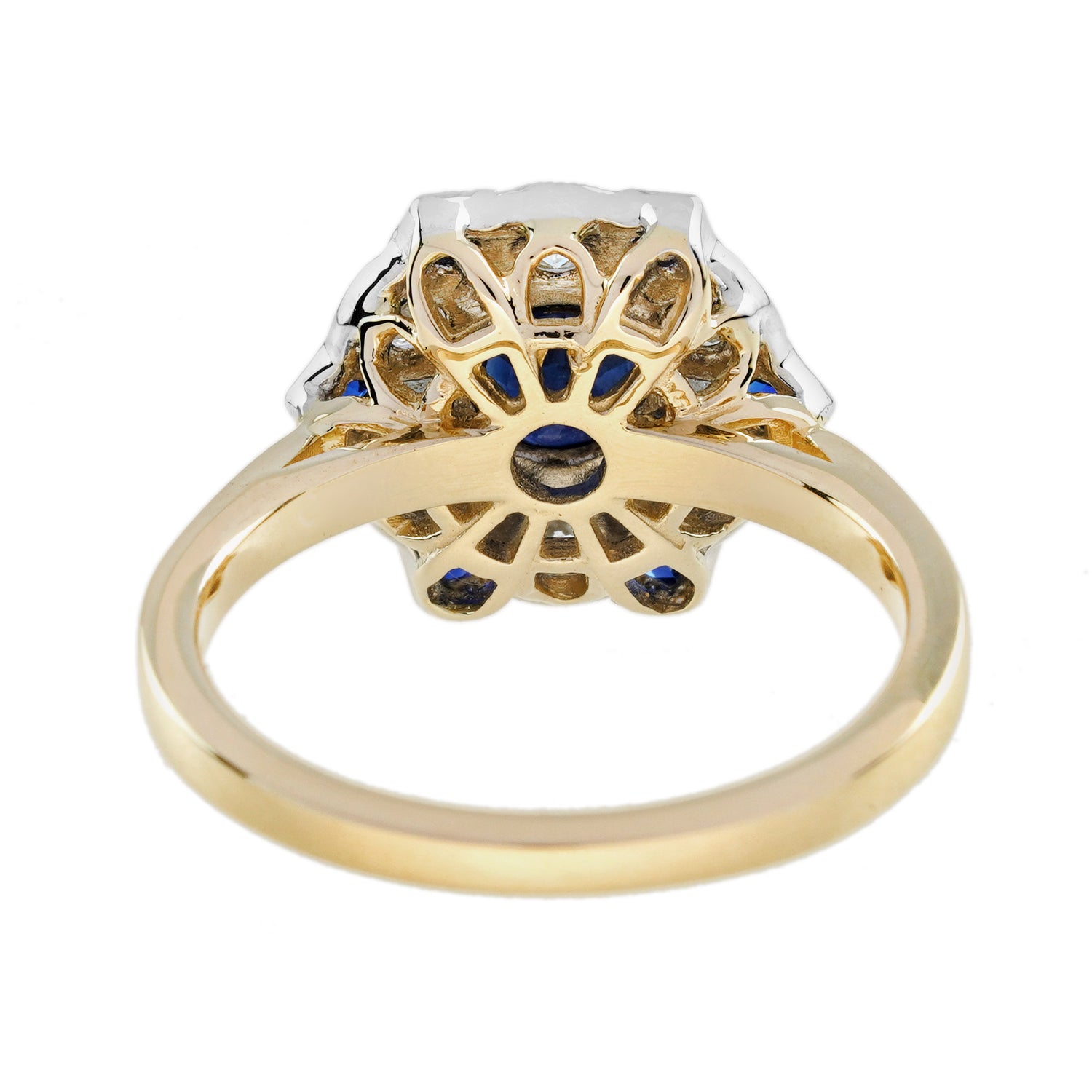 Blue Sapphire &amp; Diamond Antique Style Floral Cluster 14K Yellow Gold Ring