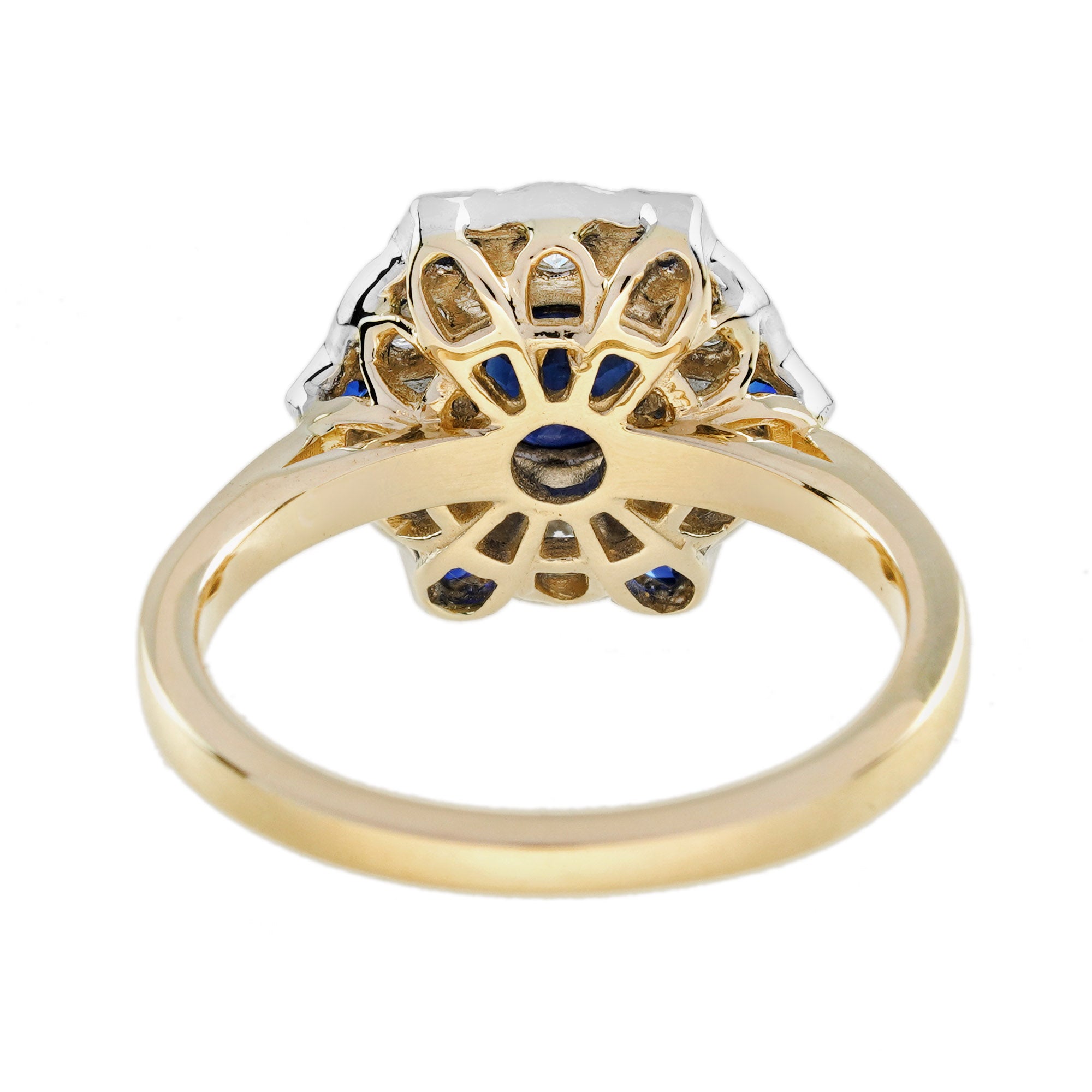Blue Sapphire &amp; Diamond Antique Style Floral Cluster 14K Yellow Gold Ring