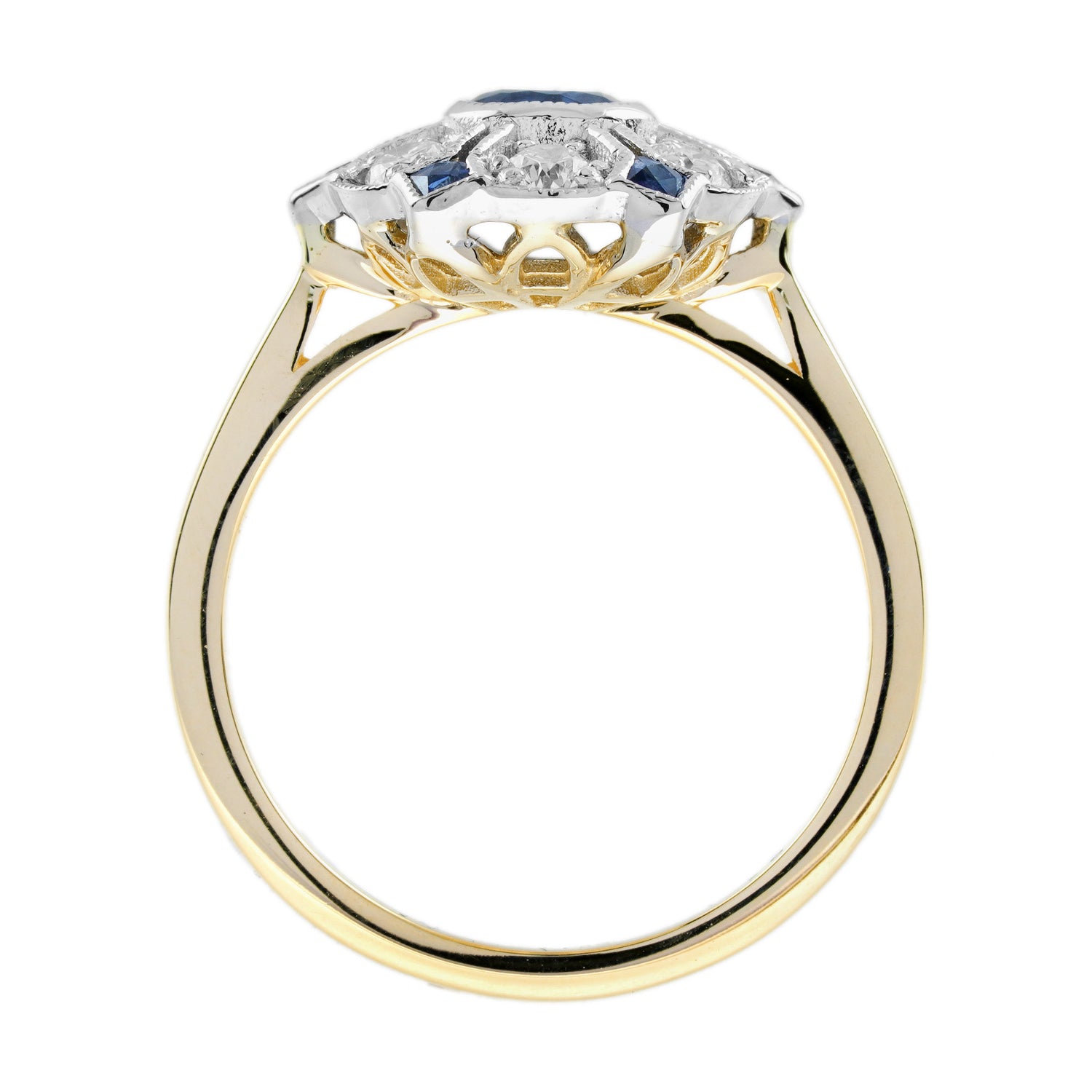 Blue Sapphire &amp; Diamond Antique Style Floral Cluster 14K Yellow Gold Ring