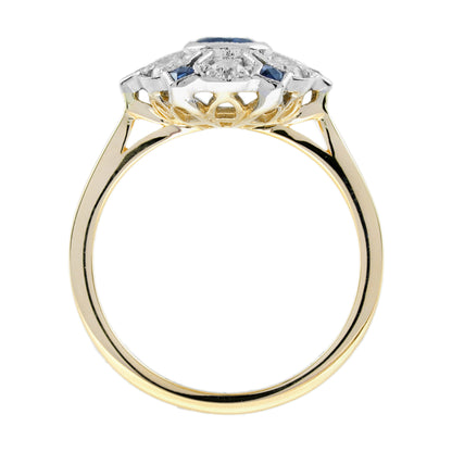 Blue Sapphire &amp; Diamond Antique Style Floral Cluster 14K Yellow Gold Ring