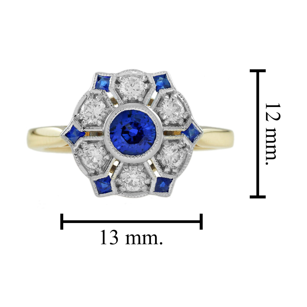Blue Sapphire & Diamond Antique Style Floral Cluster 14K Yellow Gold Ring