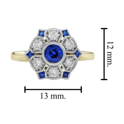 Blue Sapphire &amp; Diamond Antique Style Floral Cluster 14K Yellow Gold Ring
