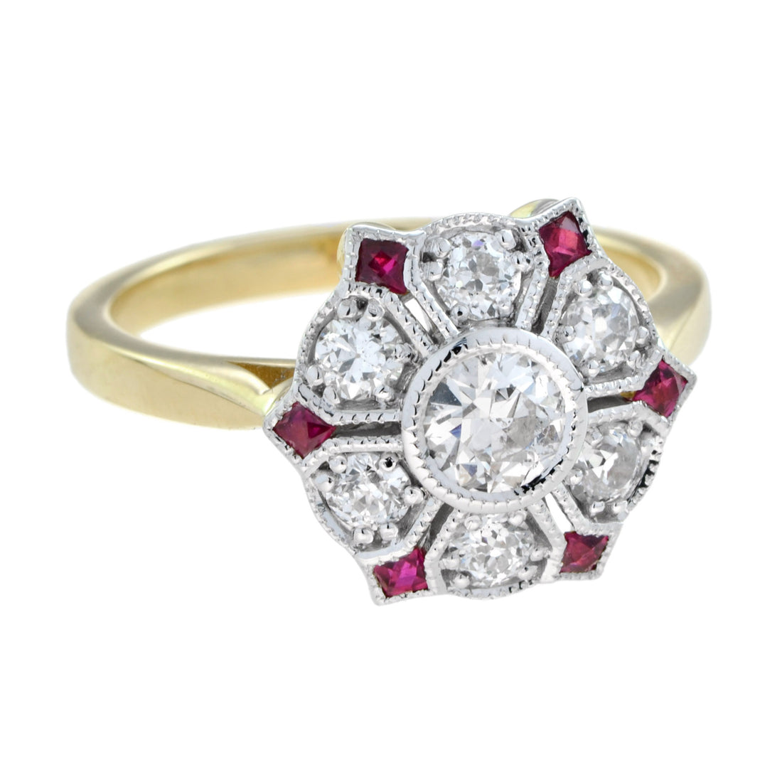 Diamond & Red Pink Ruby Antique Style Floral Flower Two Tone Gold Ring