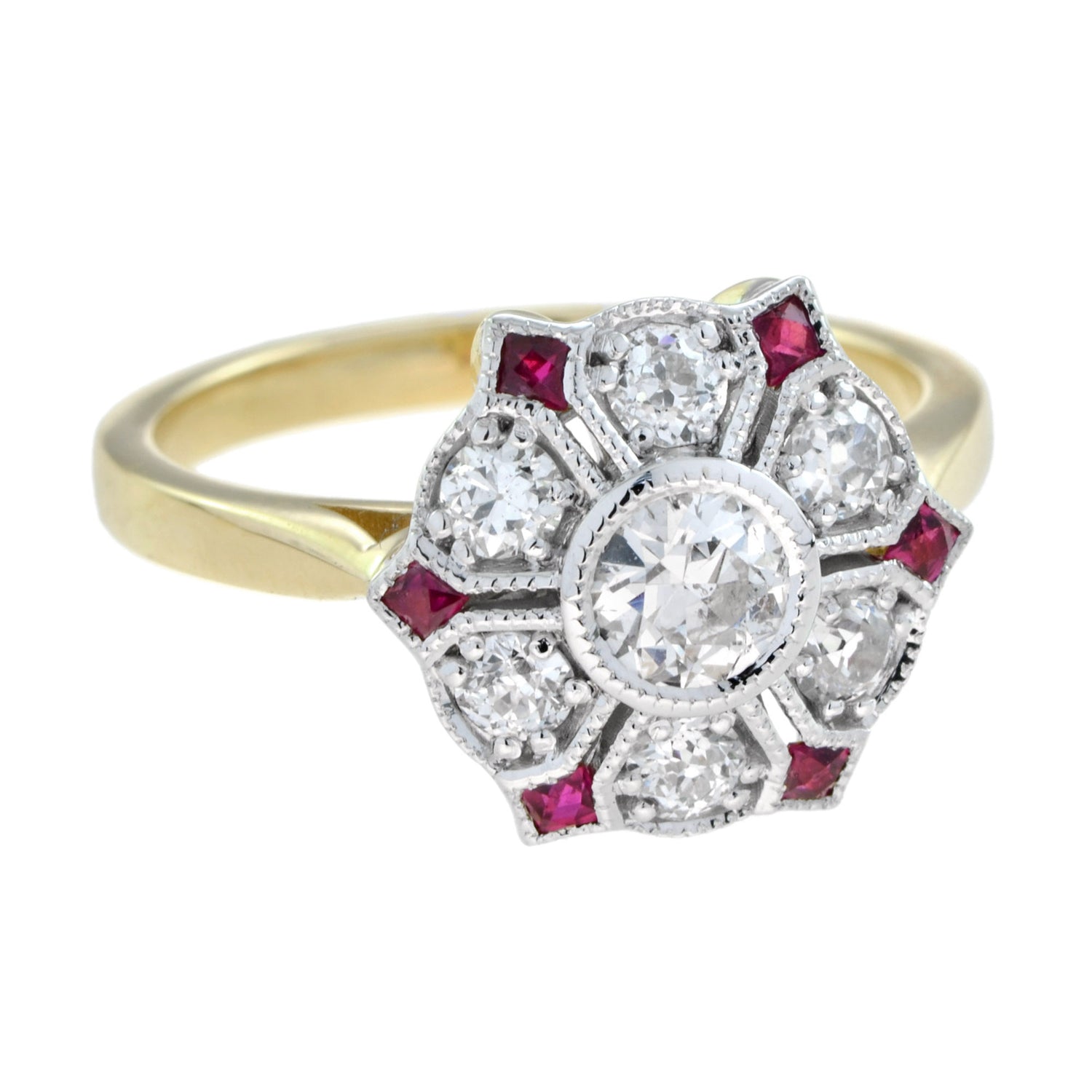 Diamond &amp; Red Pink Ruby Antique Style Floral Flower Two Tone Gold Ring