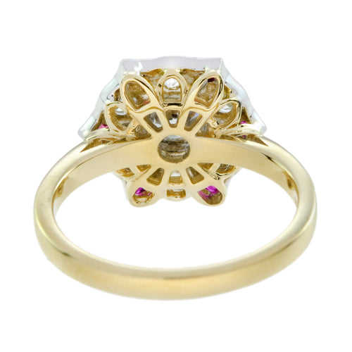 Diamond & Red Pink Ruby Antique Style Floral Flower Two Tone Gold Ring