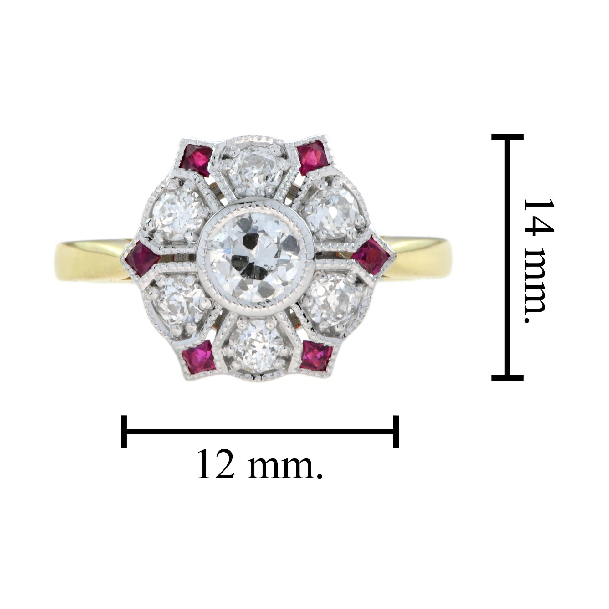 Diamond & Red Pink Ruby Antique Style Floral Flower Two Tone Gold Ring