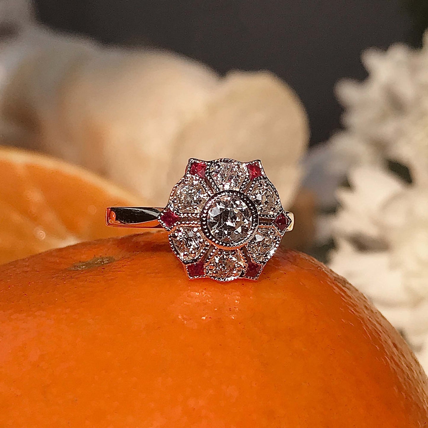 diamond & red pink ruby antique style floral flower two tone gold ring