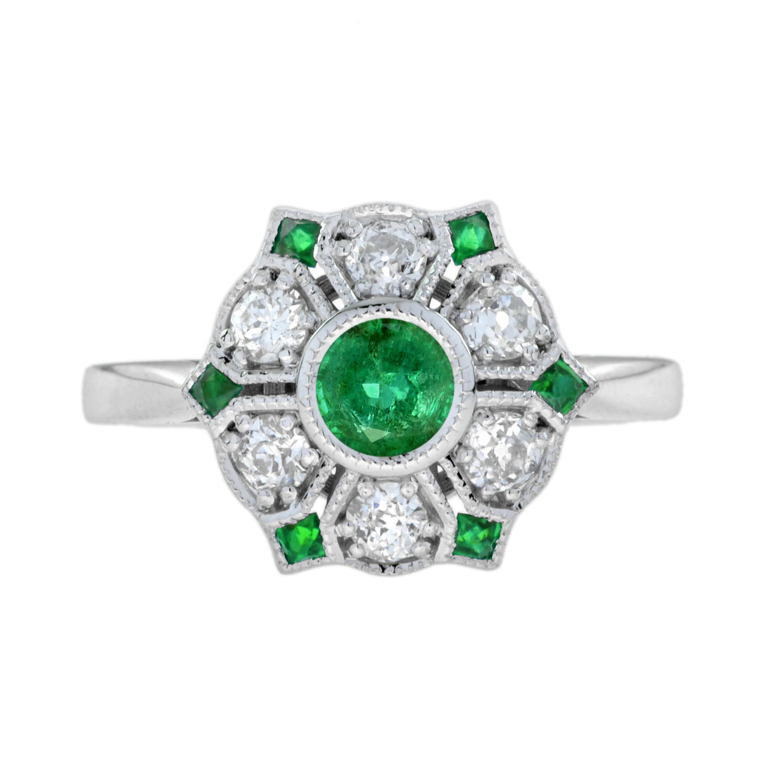 Green Emerald & Diamond Antique Style Floral Flower 18K White Gold Ring