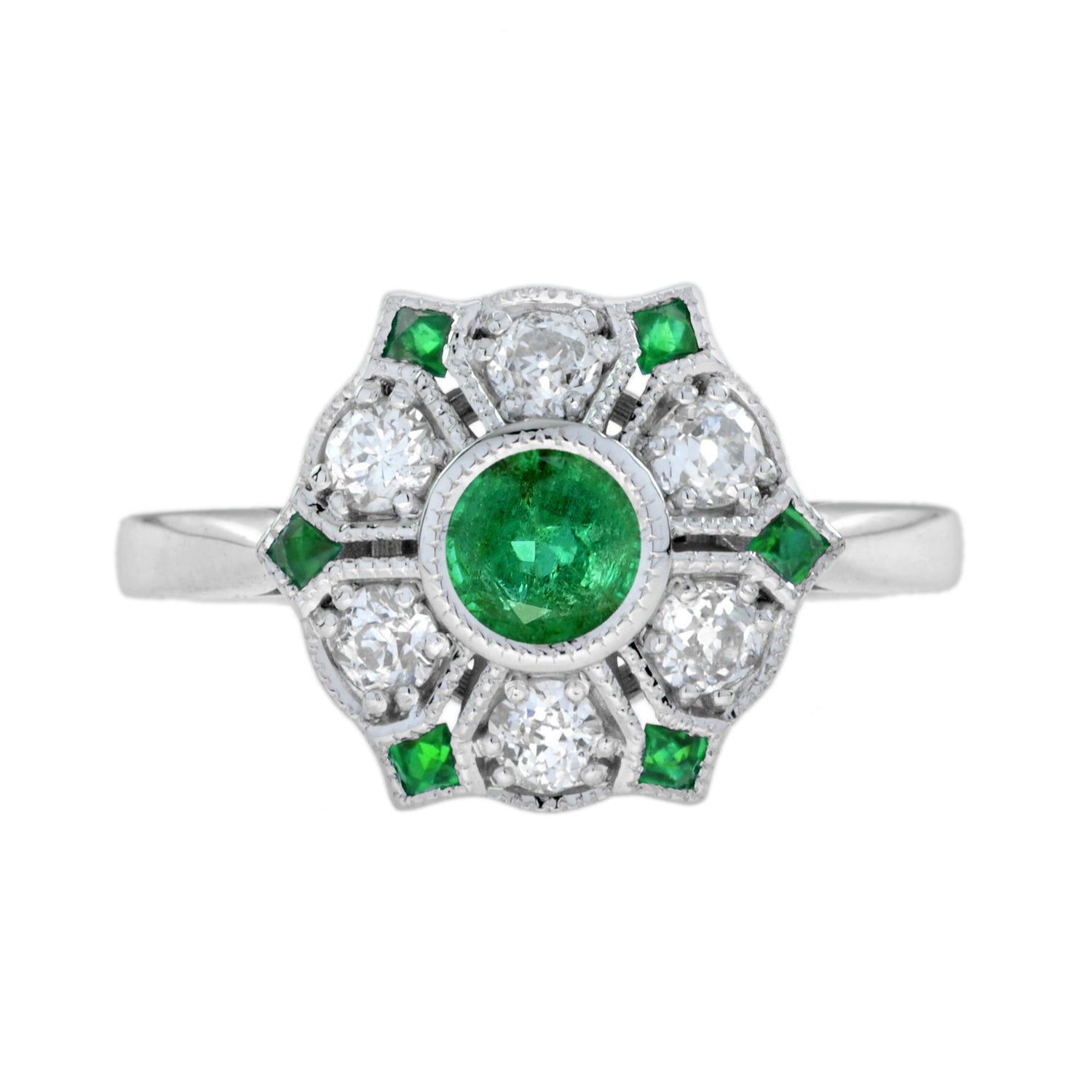 Green Emerald &amp; Diamond Antique Style Floral Flower 18K White Gold Ring