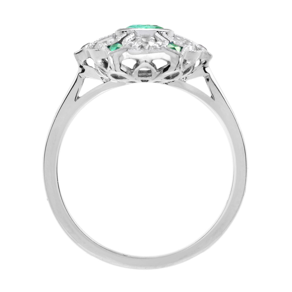 Green Emerald & Diamond Antique Style Floral Flower 18K White Gold Ring