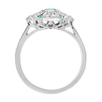 Green Emerald & Diamond Antique Style Floral Flower 18K White Gold Ring