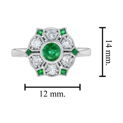 Green Emerald &amp; Diamond Antique Style Floral Flower 18K White Gold Ring