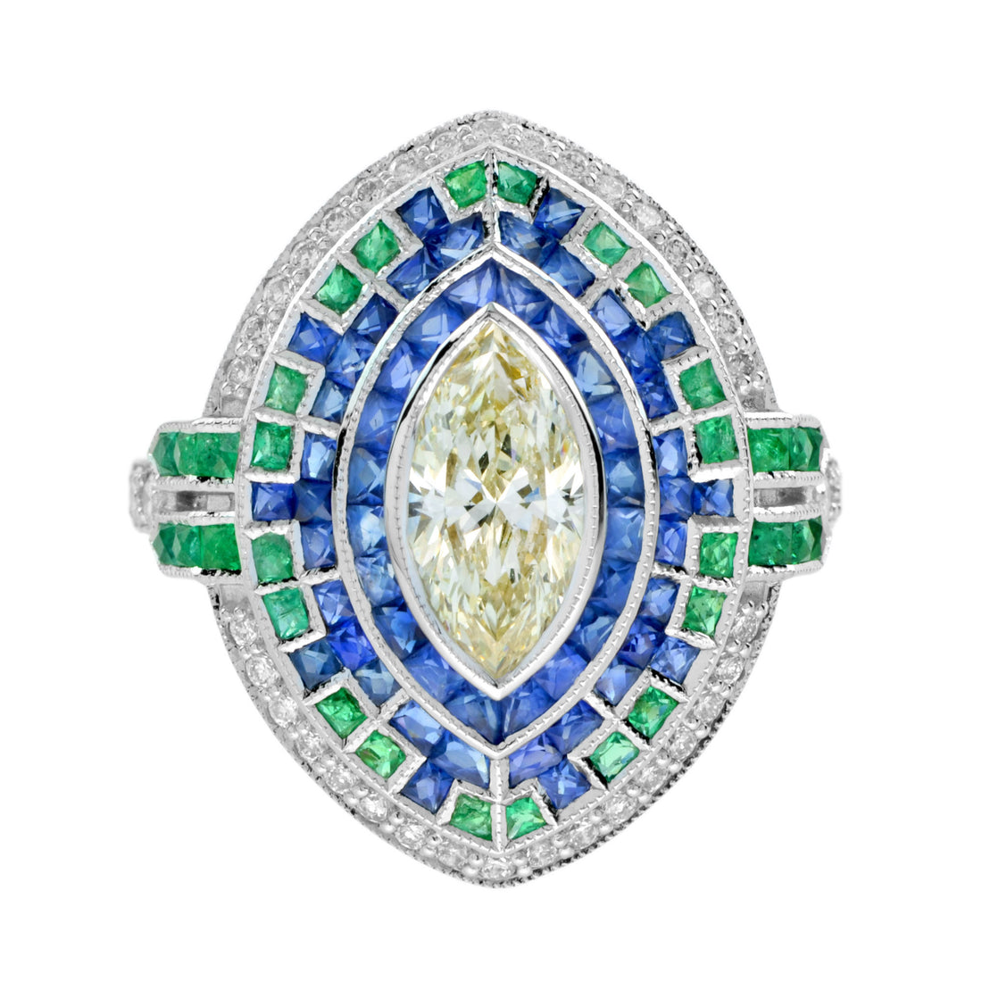 Marquise Diamond &amp; Emerald Sapphire Art Deco Style Halo White Gold Ring