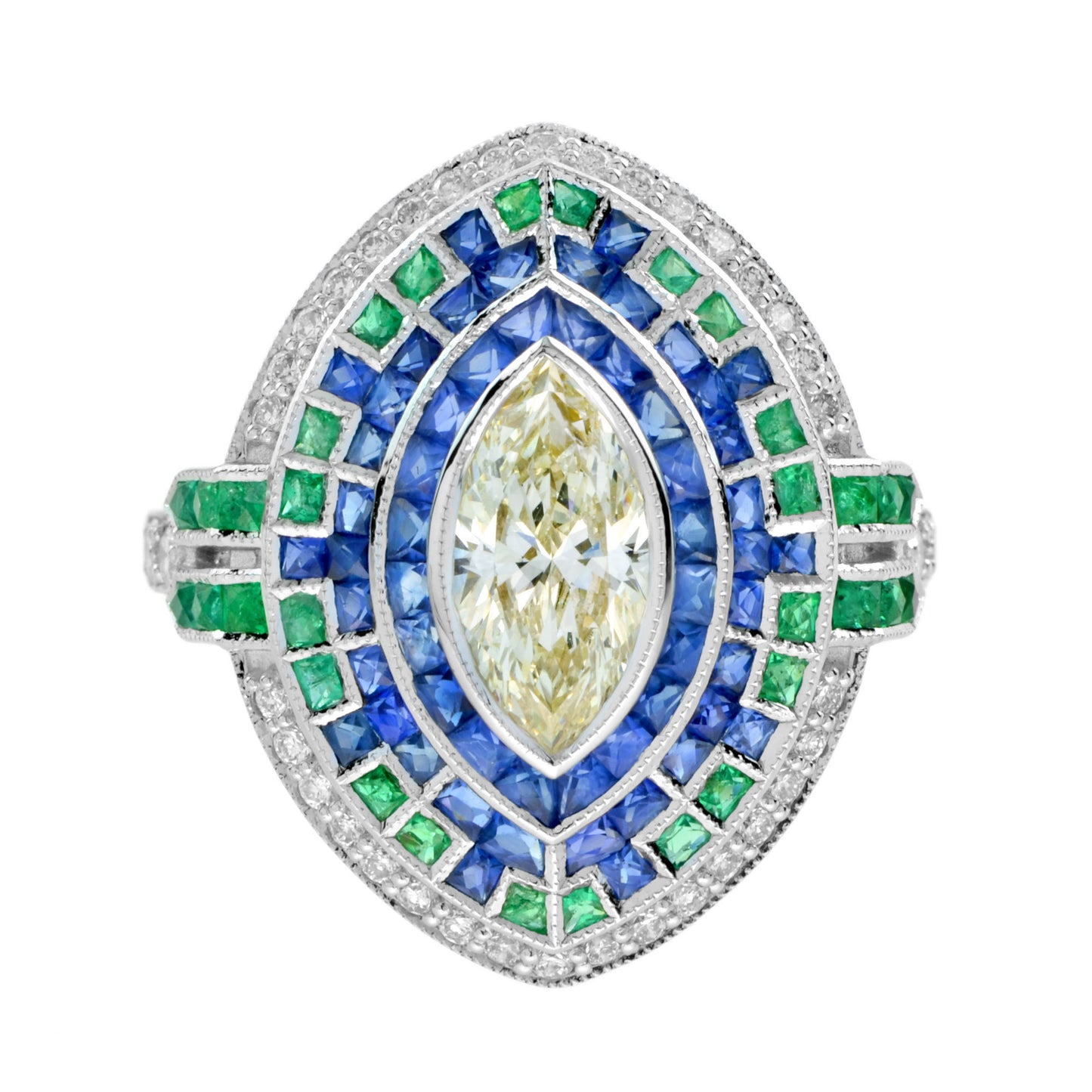 marquise diamond & emerald sapphire art deco style halo white gold ring