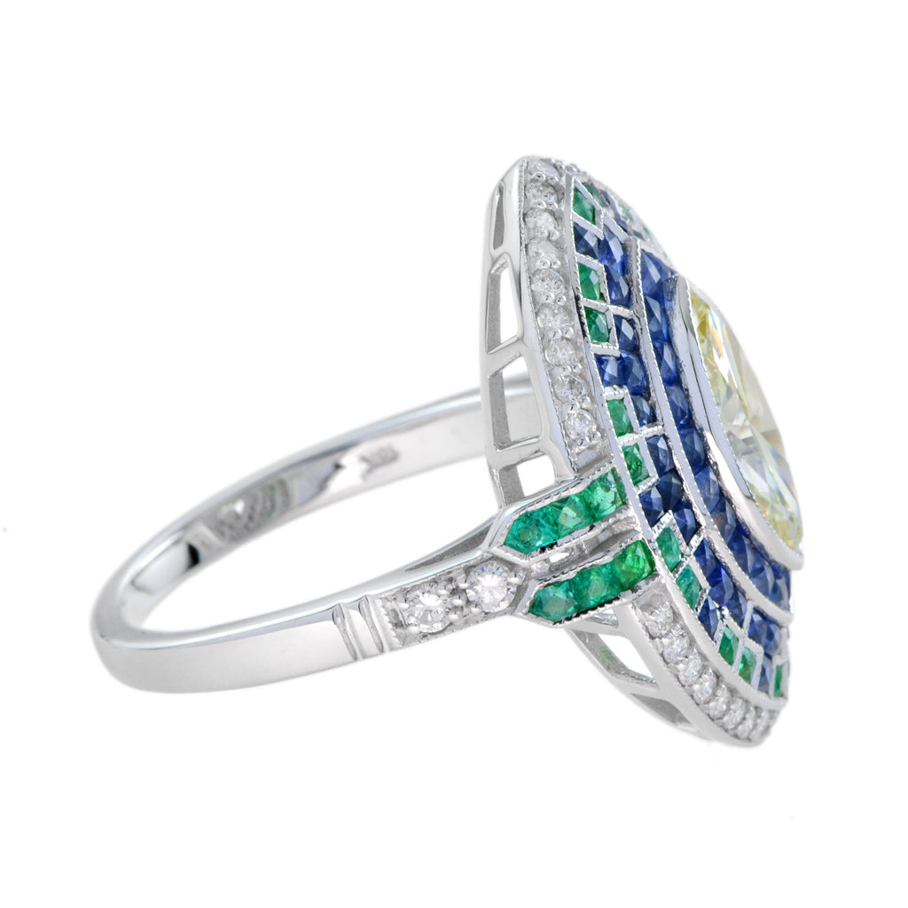 Marquise Diamond & Emerald Sapphire Art Deco Style Halo White Gold Ring