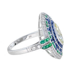 Marquise Diamond & Emerald Sapphire Art Deco Style Halo White Gold Ring