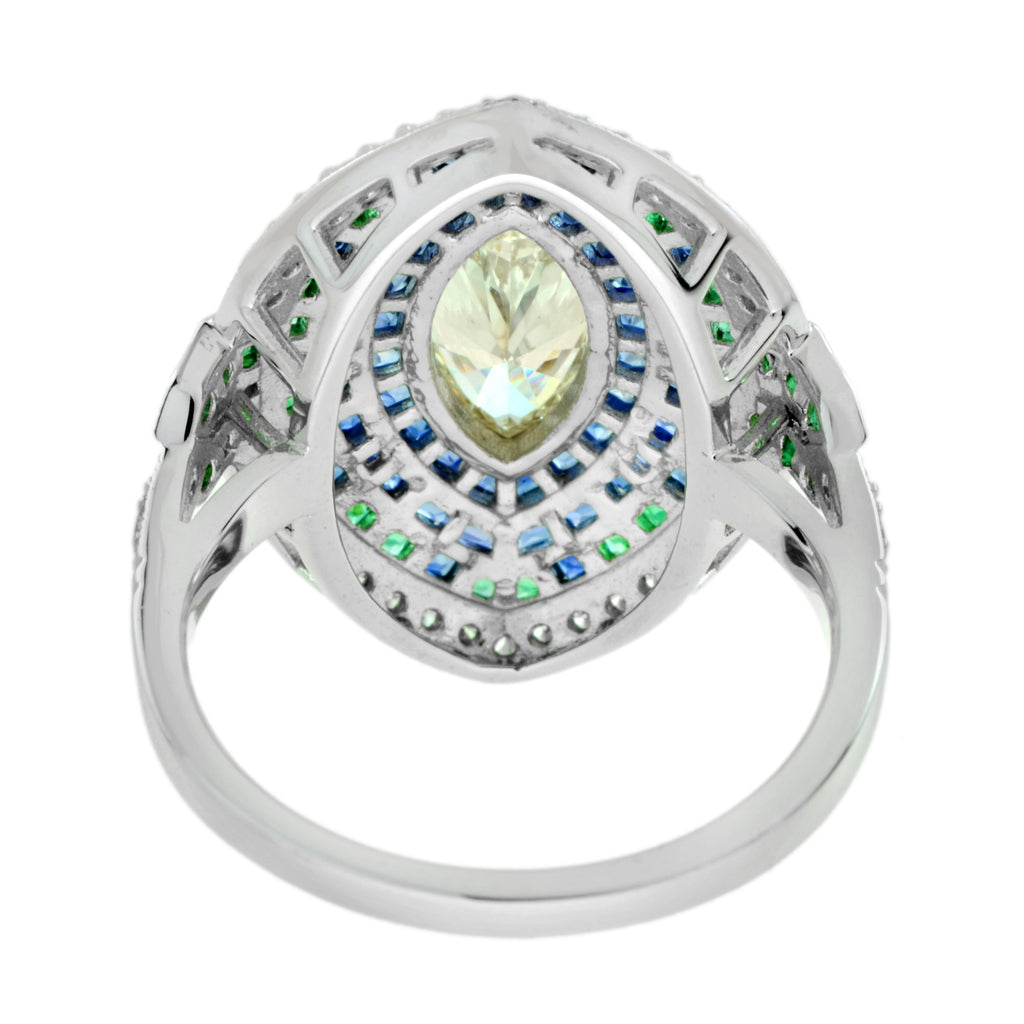 Marquise Diamond & Emerald Sapphire Art Deco Style Halo White Gold Ring