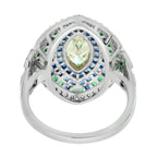 Marquise Diamond & Emerald Sapphire Art Deco Style Halo White Gold Ring