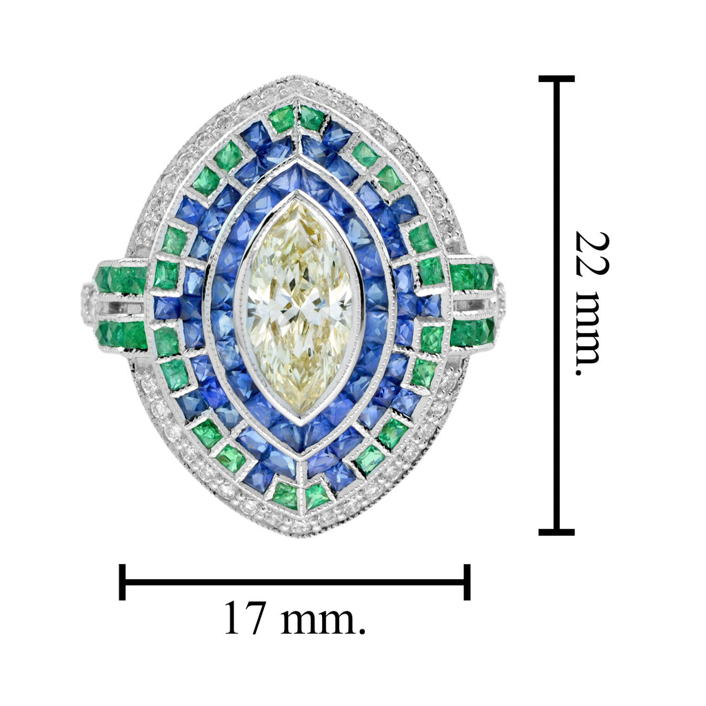 Marquise Diamond & Emerald Sapphire Art Deco Style Halo White Gold Ring