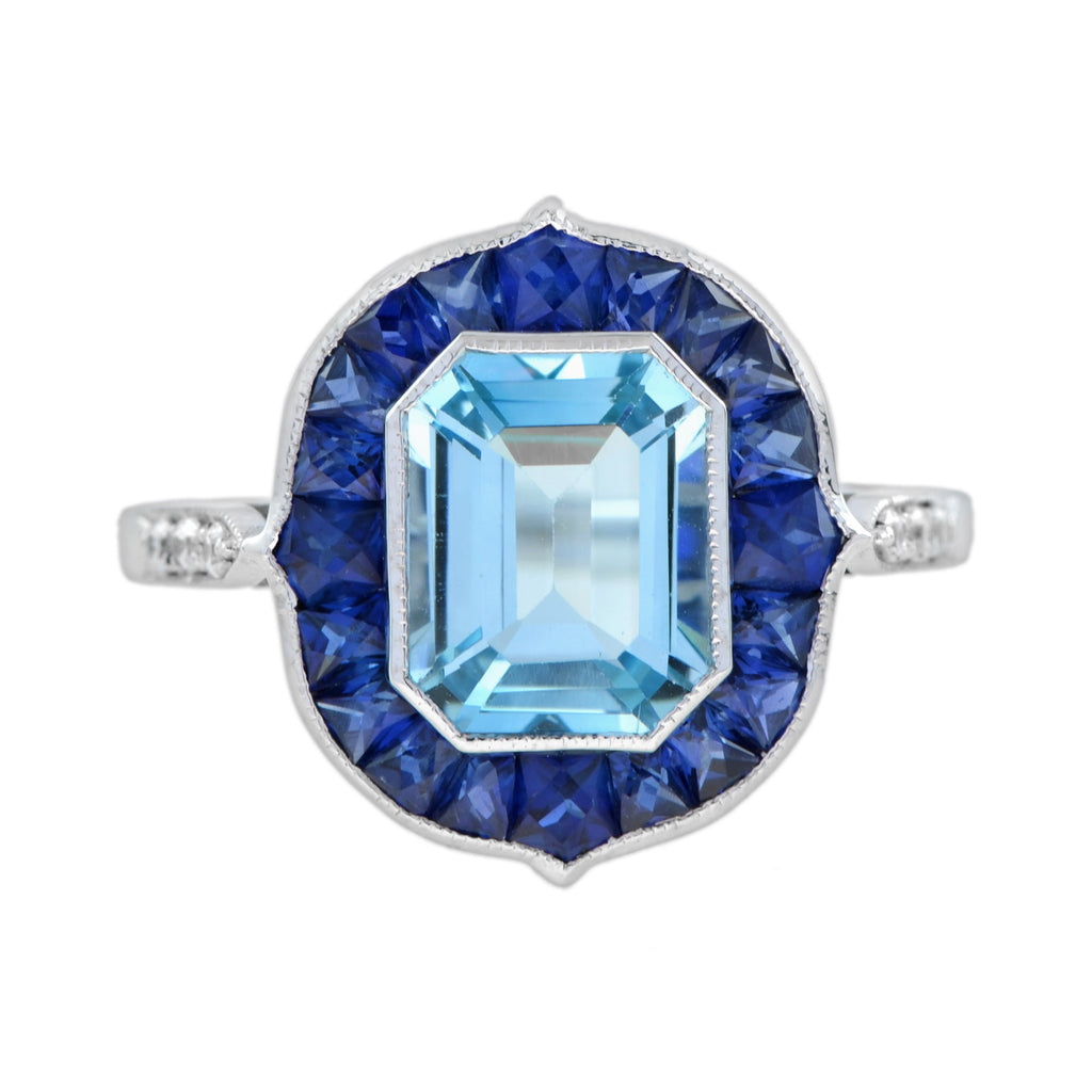 Emerald Cut Blue Topaz & Sapphire Halo Diamond Engagement 14K White Gold Ring