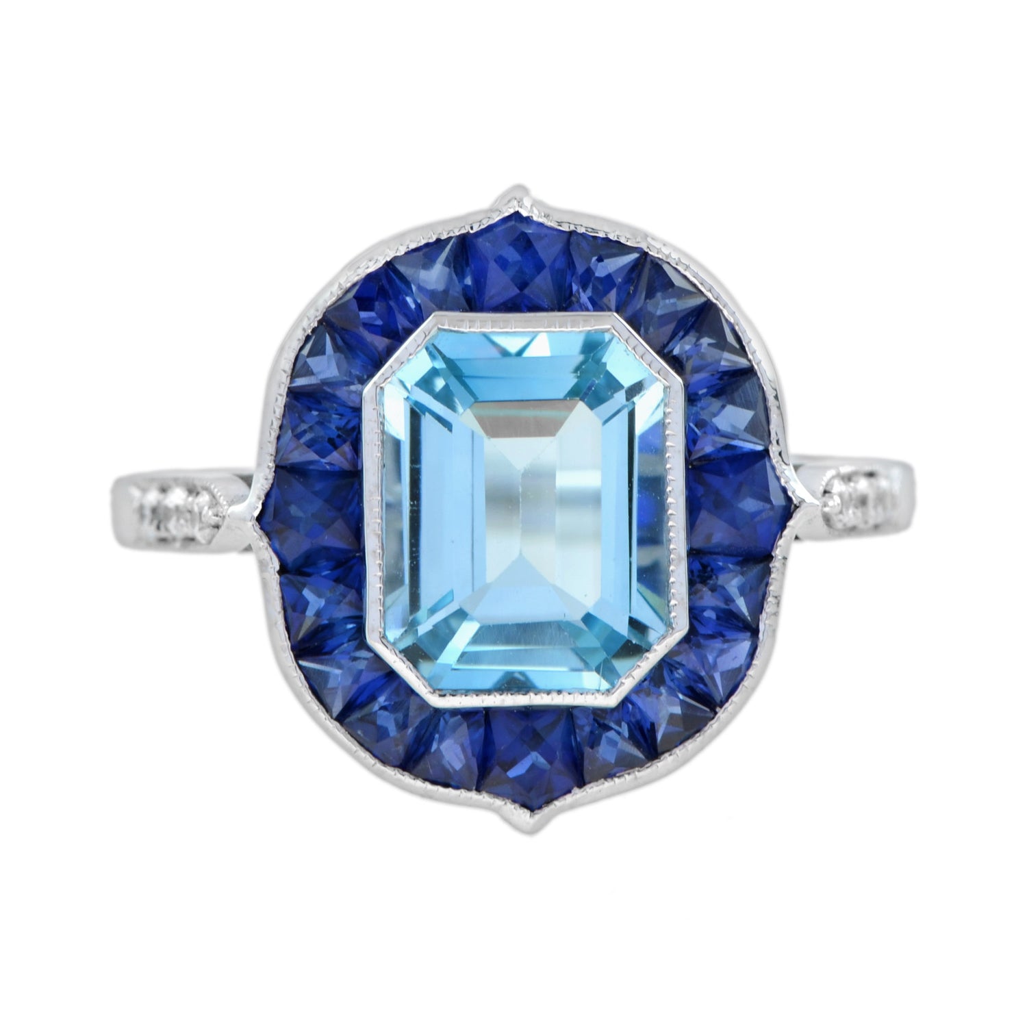 Emerald Cut Blue Topaz &amp; Sapphire Halo Diamond Engagement 14K White Gold Ring