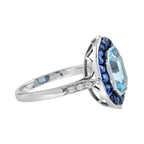 Emerald Cut Blue Topaz & Sapphire Halo Diamond Engagement 14K White Gold Ring
