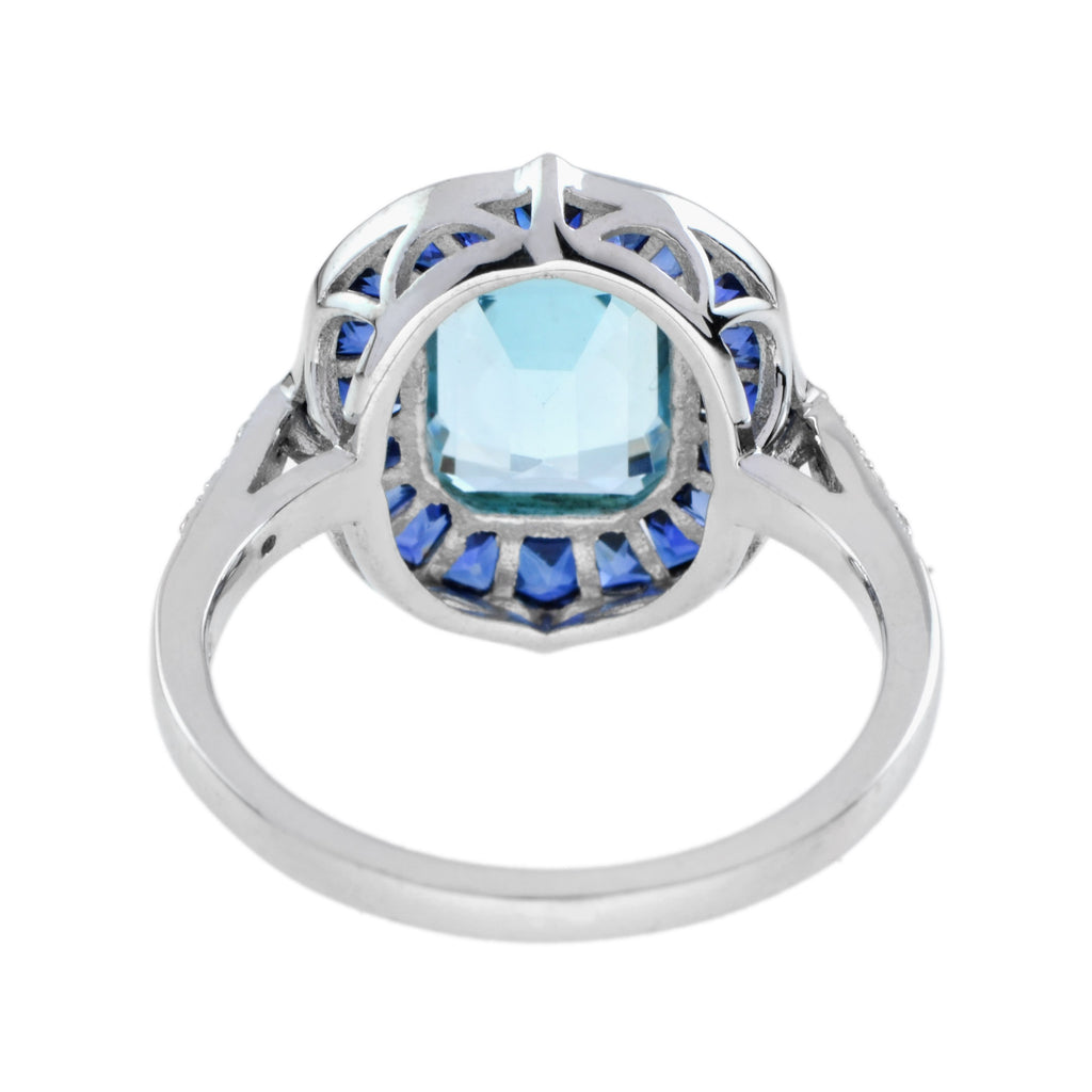 Emerald Cut Blue Topaz & Sapphire Halo Diamond Engagement 14K White Gold Ring