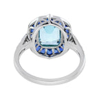 Emerald Cut Blue Topaz & Sapphire Halo Diamond Engagement 14K White Gold Ring