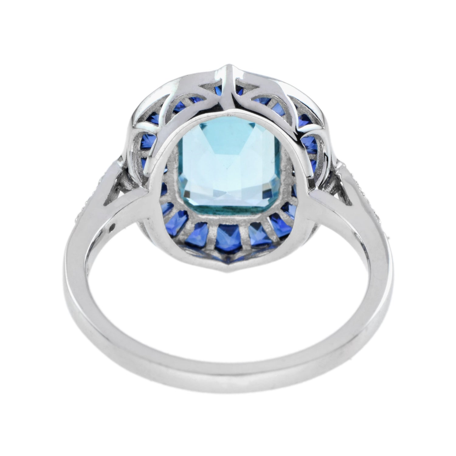 Emerald Cut Blue Topaz &amp; Sapphire Halo Diamond Engagement 14K White Gold Ring