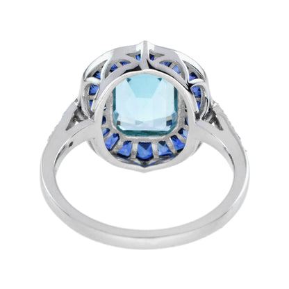 Emerald Cut Blue Topaz &amp; Sapphire Halo Diamond Engagement 14K White Gold Ring