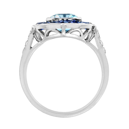 Emerald Cut Blue Topaz &amp; Sapphire Halo Diamond Engagement 14K White Gold Ring