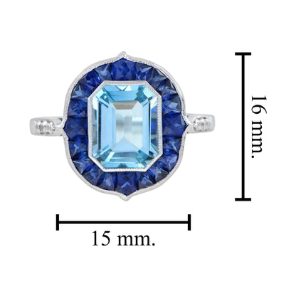 Emerald Cut Blue Topaz &amp; Sapphire Halo Diamond Engagement 14K White Gold Ring