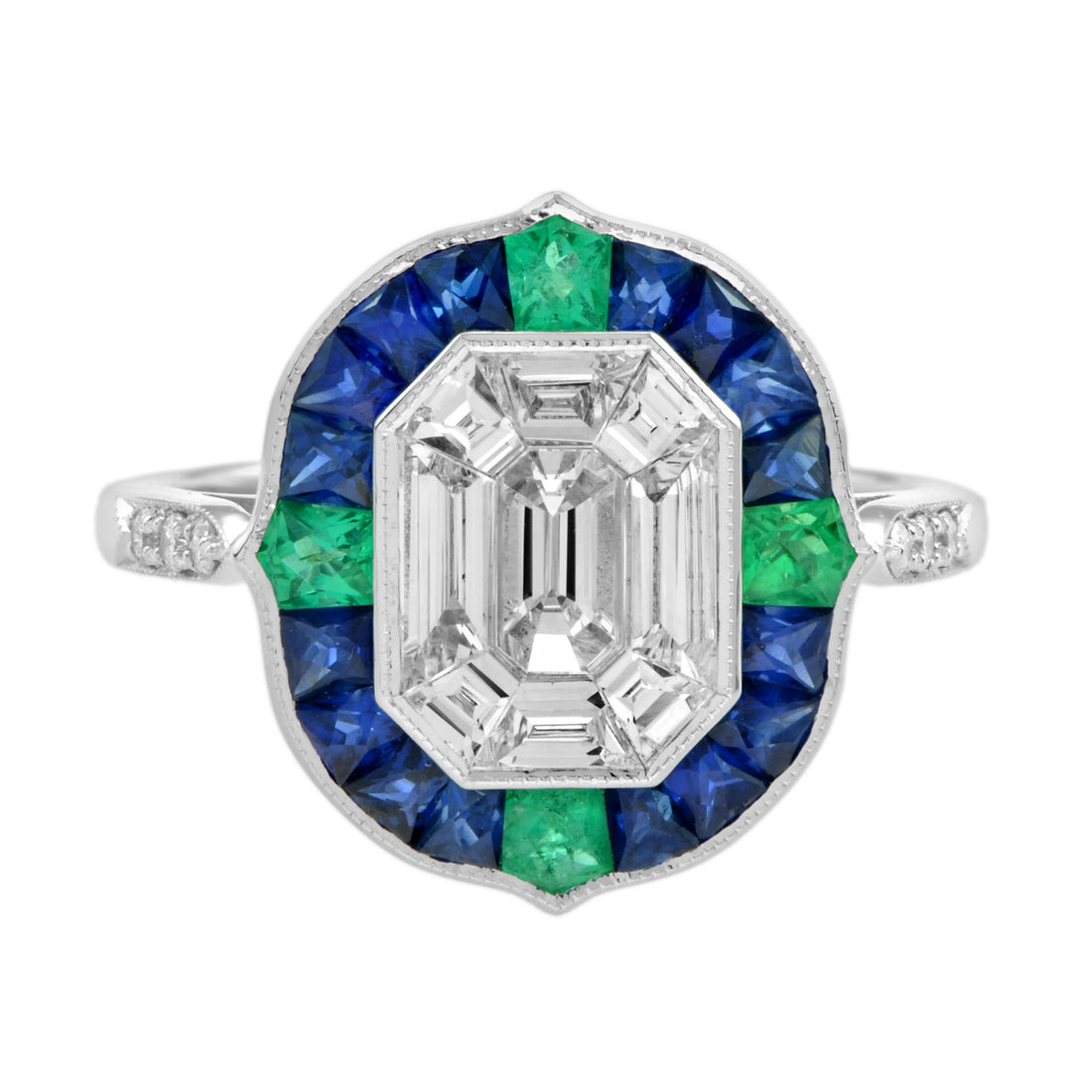 Illusion Setting Diamond & Blue Sapphire Emerald Art Deco Style White Gold Ring