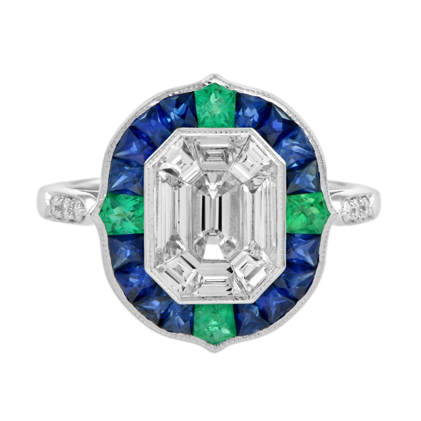 illusion setting diamond & blue sapphire emerald art deco style white gold ring