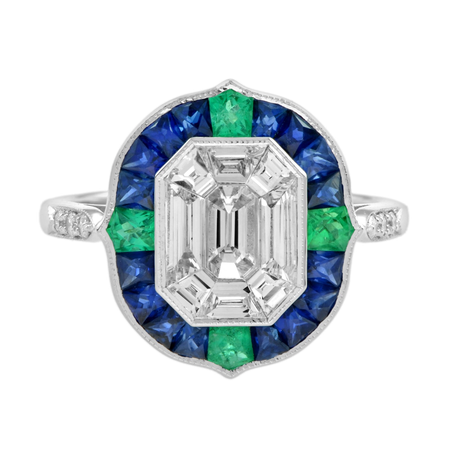 Illusion Setting Diamond &amp; Blue Sapphire Emerald Art Deco Style White Gold Ring