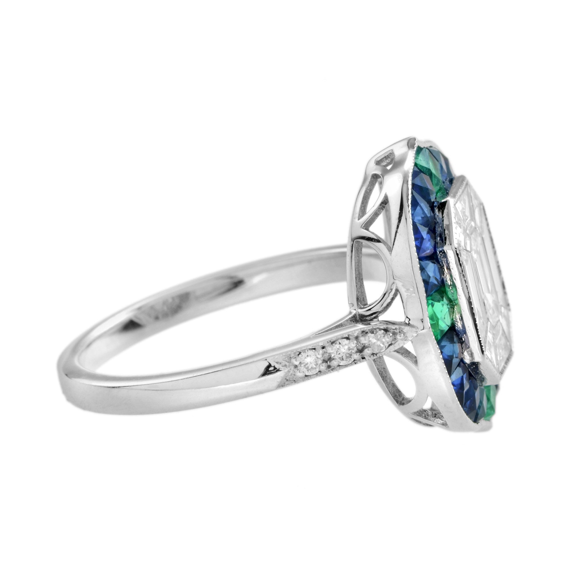 Illusion Setting Diamond &amp; Blue Sapphire Emerald Art Deco Style White Gold Ring