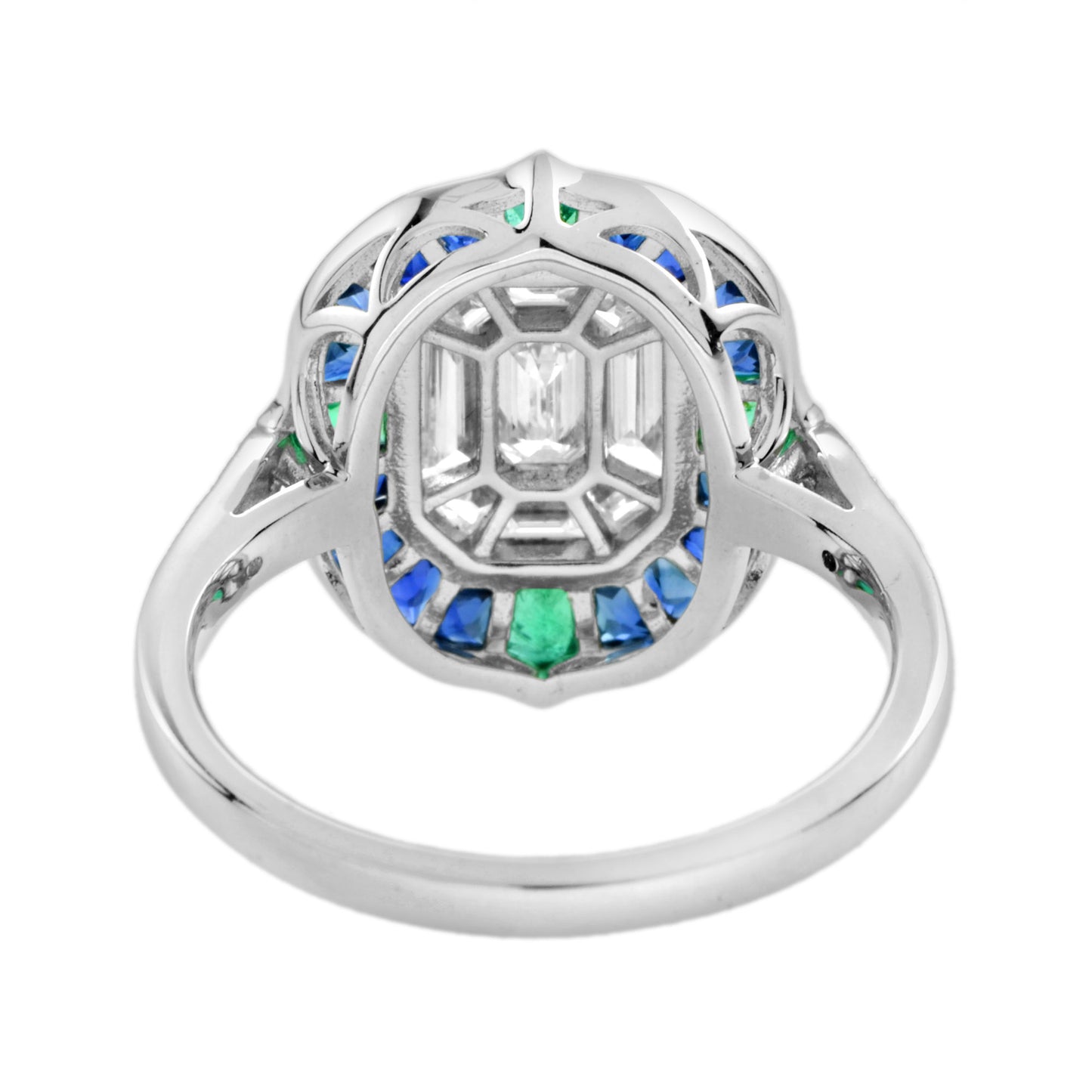 illusion setting diamond & blue sapphire emerald art deco style white gold ring