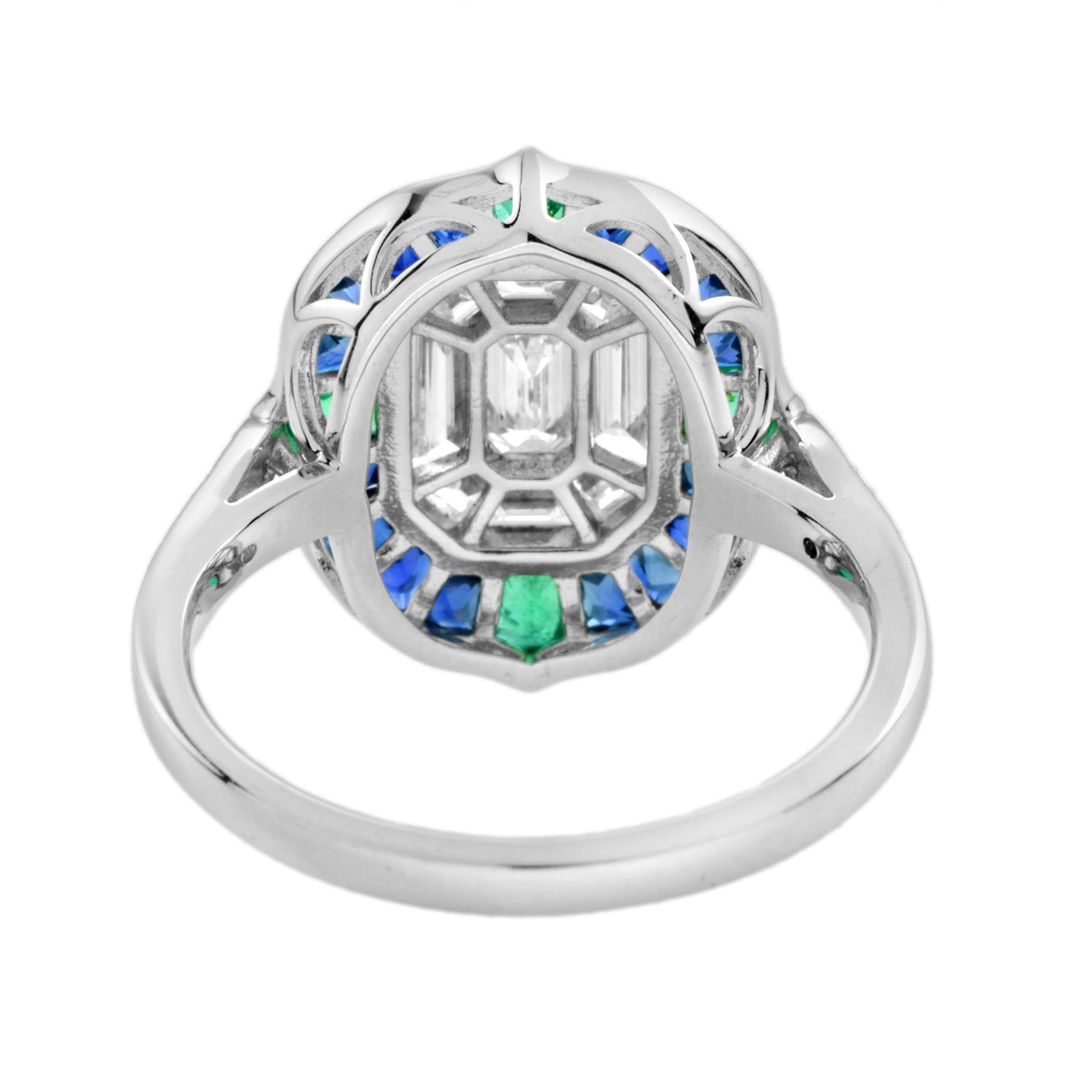 Illusion Setting Diamond &amp; Blue Sapphire Emerald Art Deco Style White Gold Ring