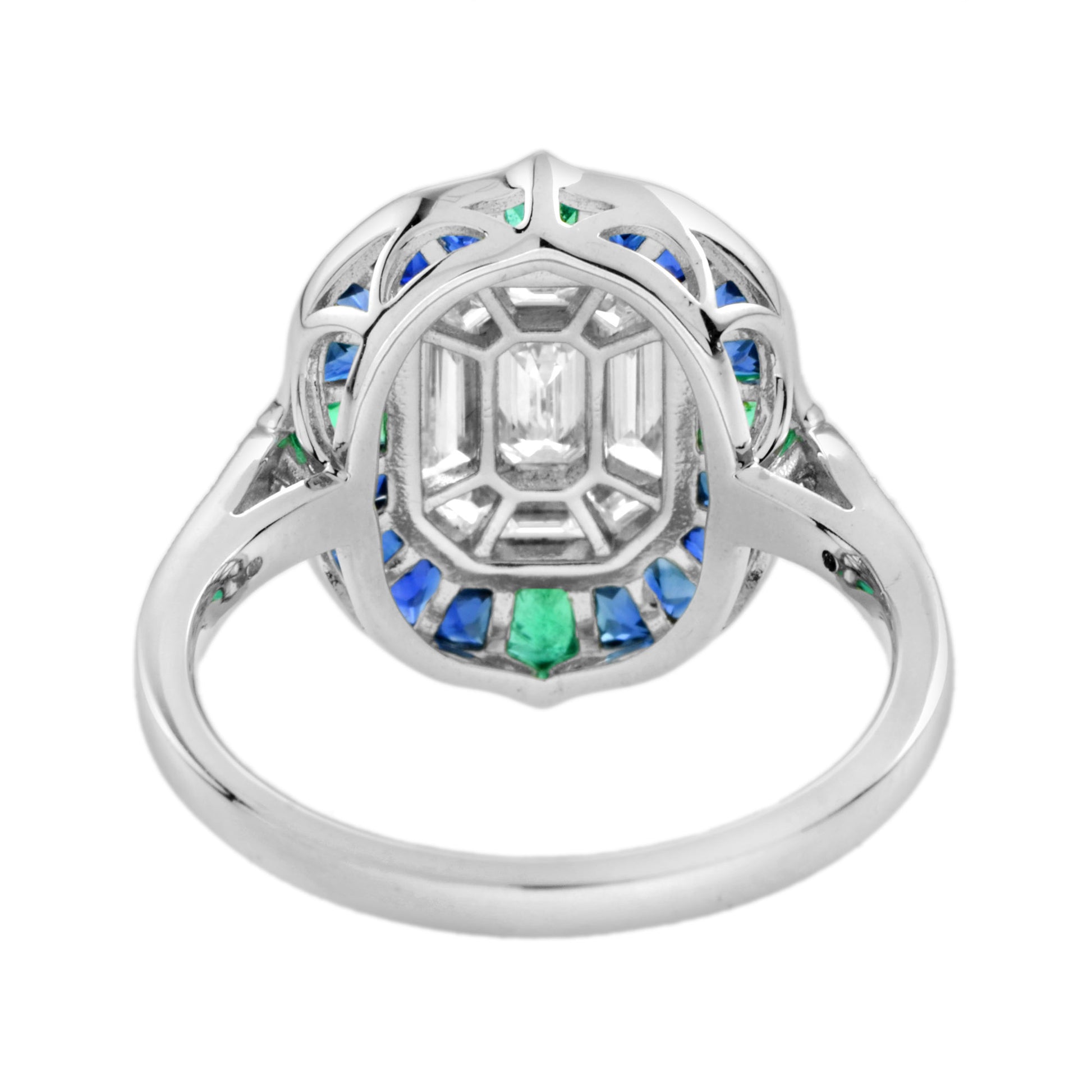 Illusion Setting Diamond & Blue Sapphire Emerald Art Deco Style White Gold Ring