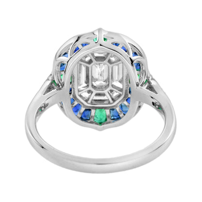 Illusion Setting Diamond & Blue Sapphire Emerald Art Deco Style White Gold Ring