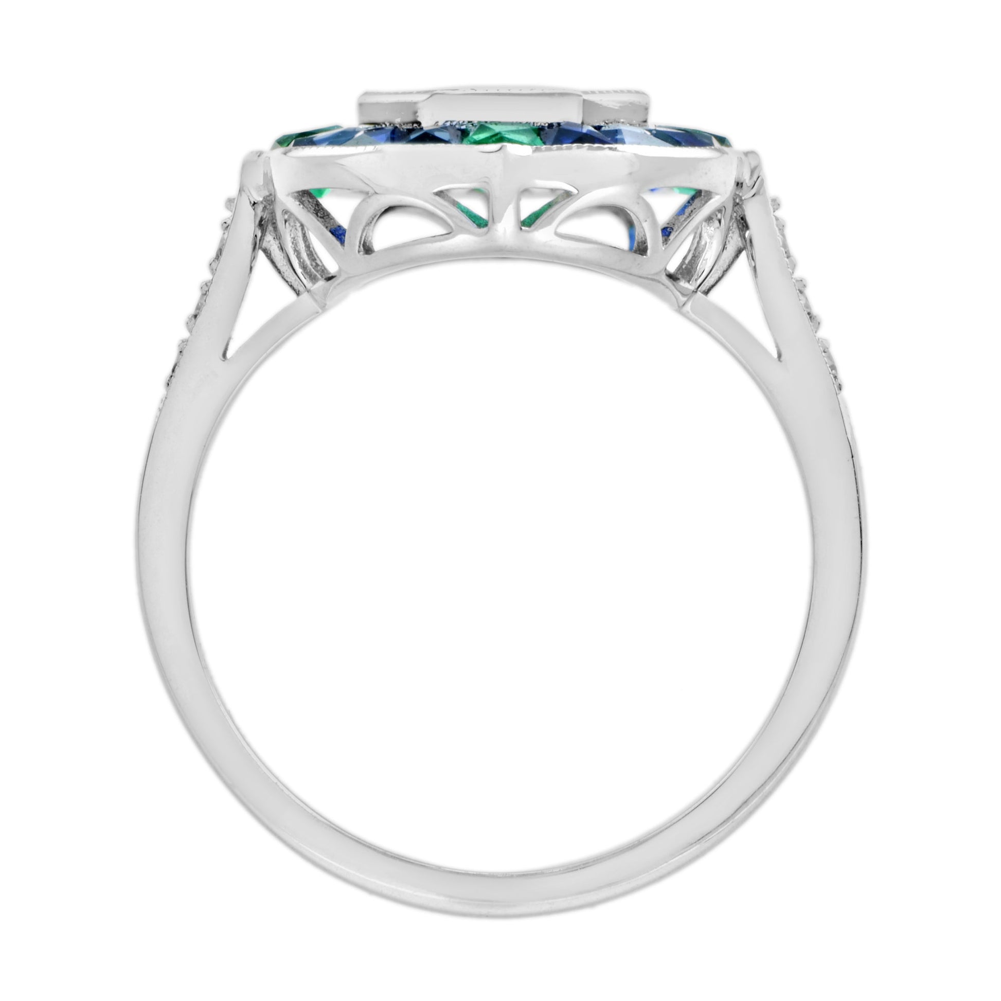 Illusion Setting Diamond & Blue Sapphire Emerald Art Deco Style White Gold Ring