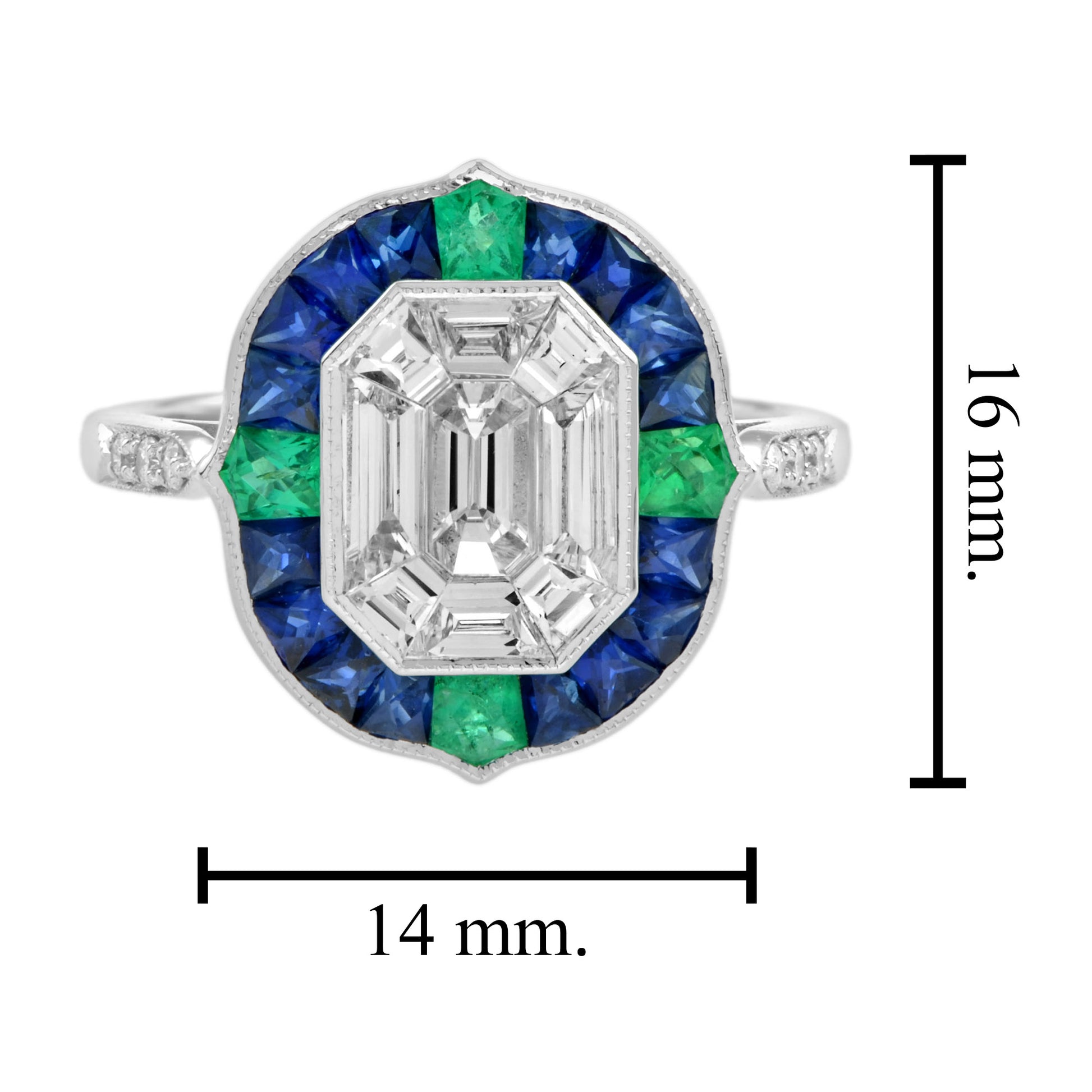 Illusion Setting Diamond & Blue Sapphire Emerald Art Deco Style White Gold Ring
