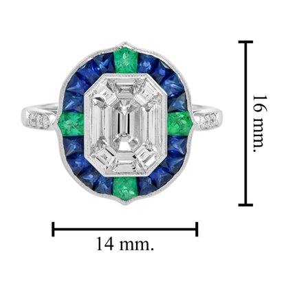 Illusion Setting Diamond & Blue Sapphire Emerald Art Deco Style White Gold Ring