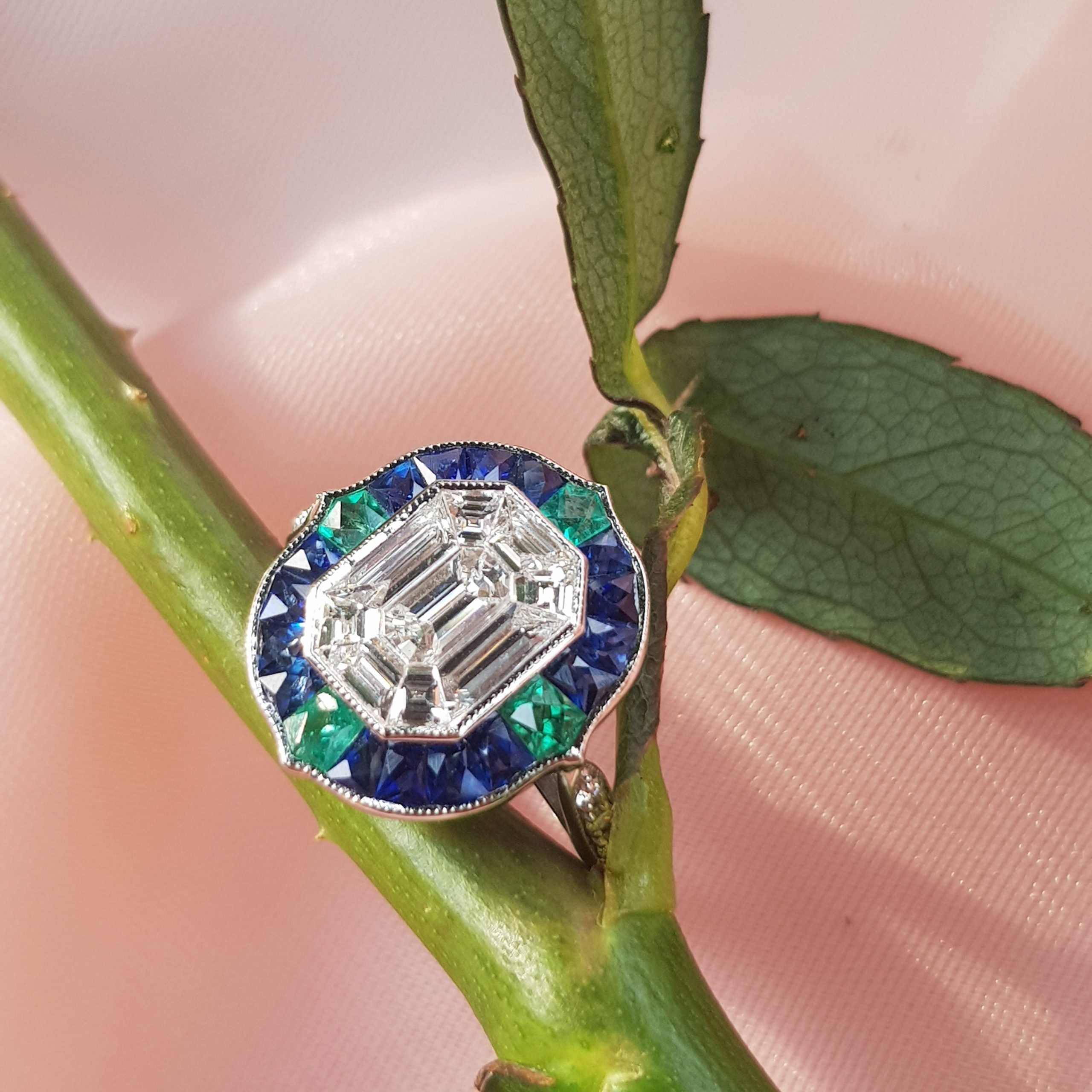 Illusion Setting Diamond &amp; Blue Sapphire Emerald Art Deco Style White Gold Ring