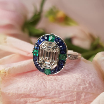 Illusion Setting Diamond & Blue Sapphire Emerald Art Deco Style White Gold Ring